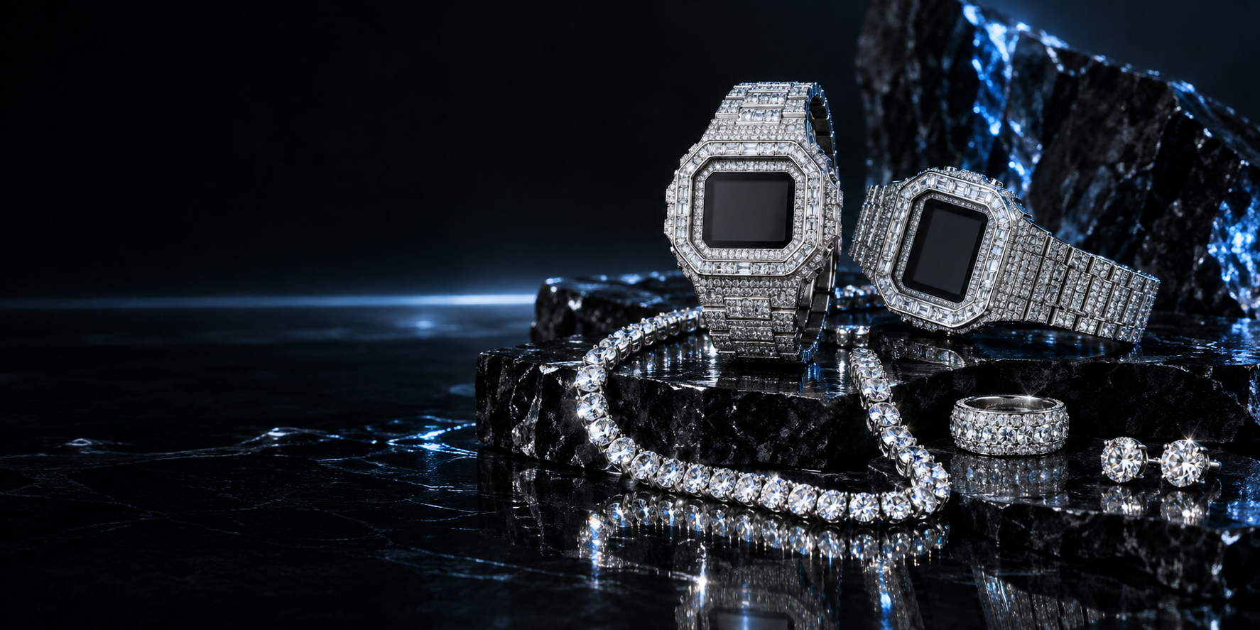 Moissanite watches, tennis chain, ring and earrings on black stone
